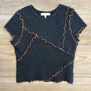 Gilded Intent Black Textured Ruffle Trim Top Size S Boutique Statement